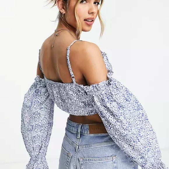Influence off the shoulder crop top in ditsy blue floral.  NWOT.  Gorgeous. - Picture 2 of 7
